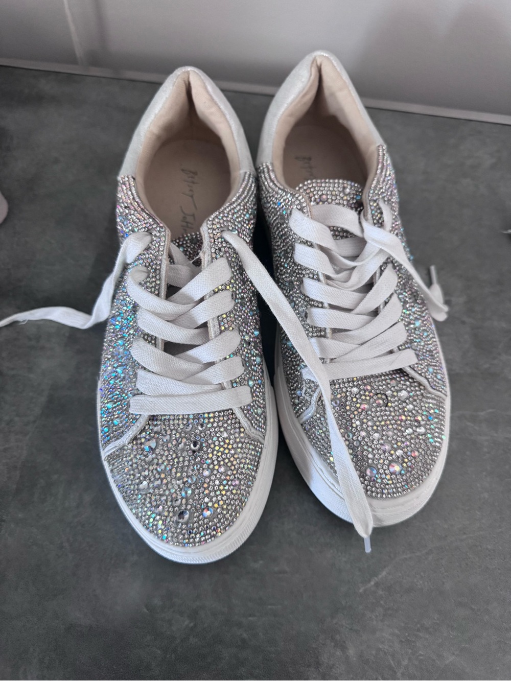 Betsey Johnson Silver Crystal-Embellished Lace-Up Sneakers